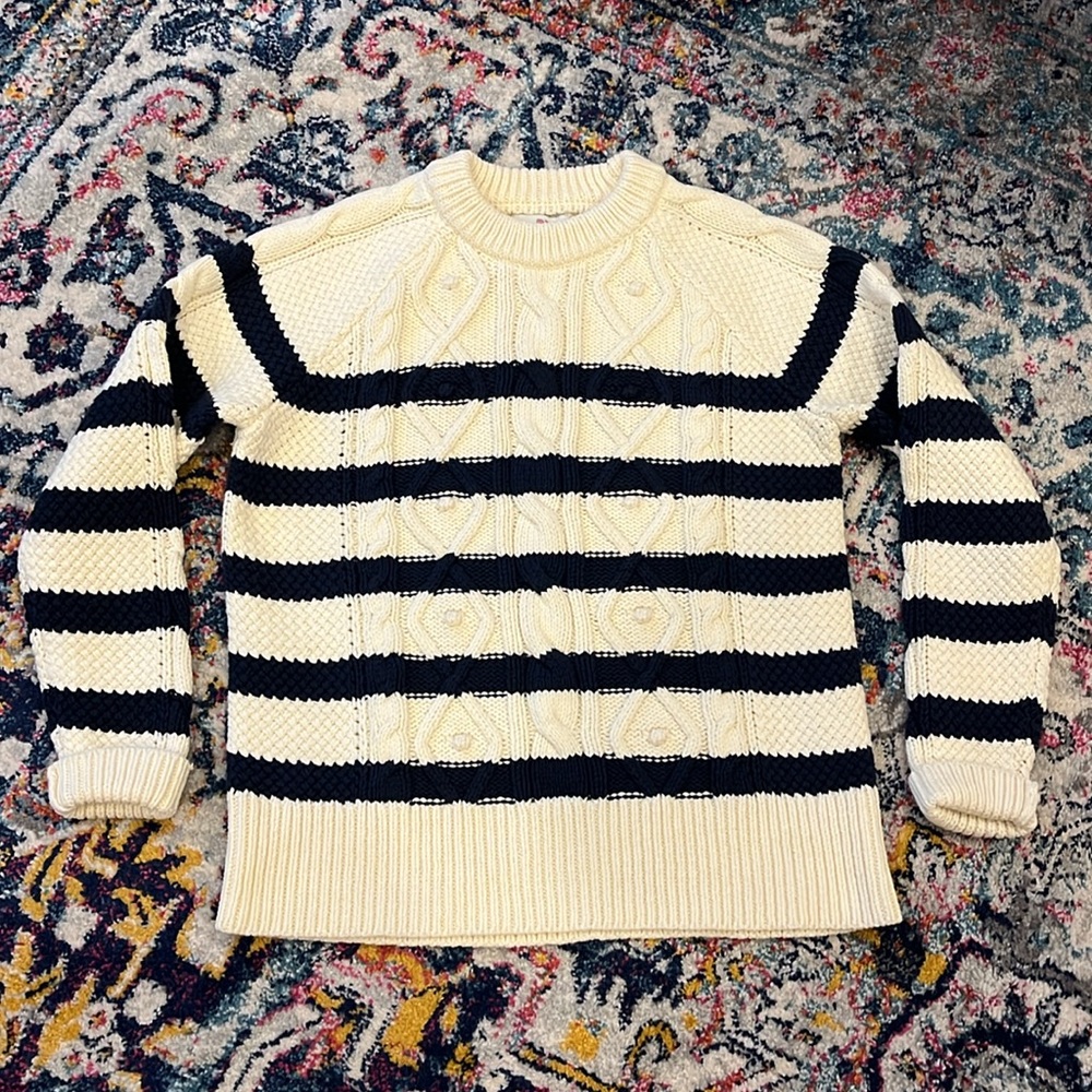 Vineyard Vines navy cream striped crewneck fisherman chunky sweater M - Picture 2 of 11